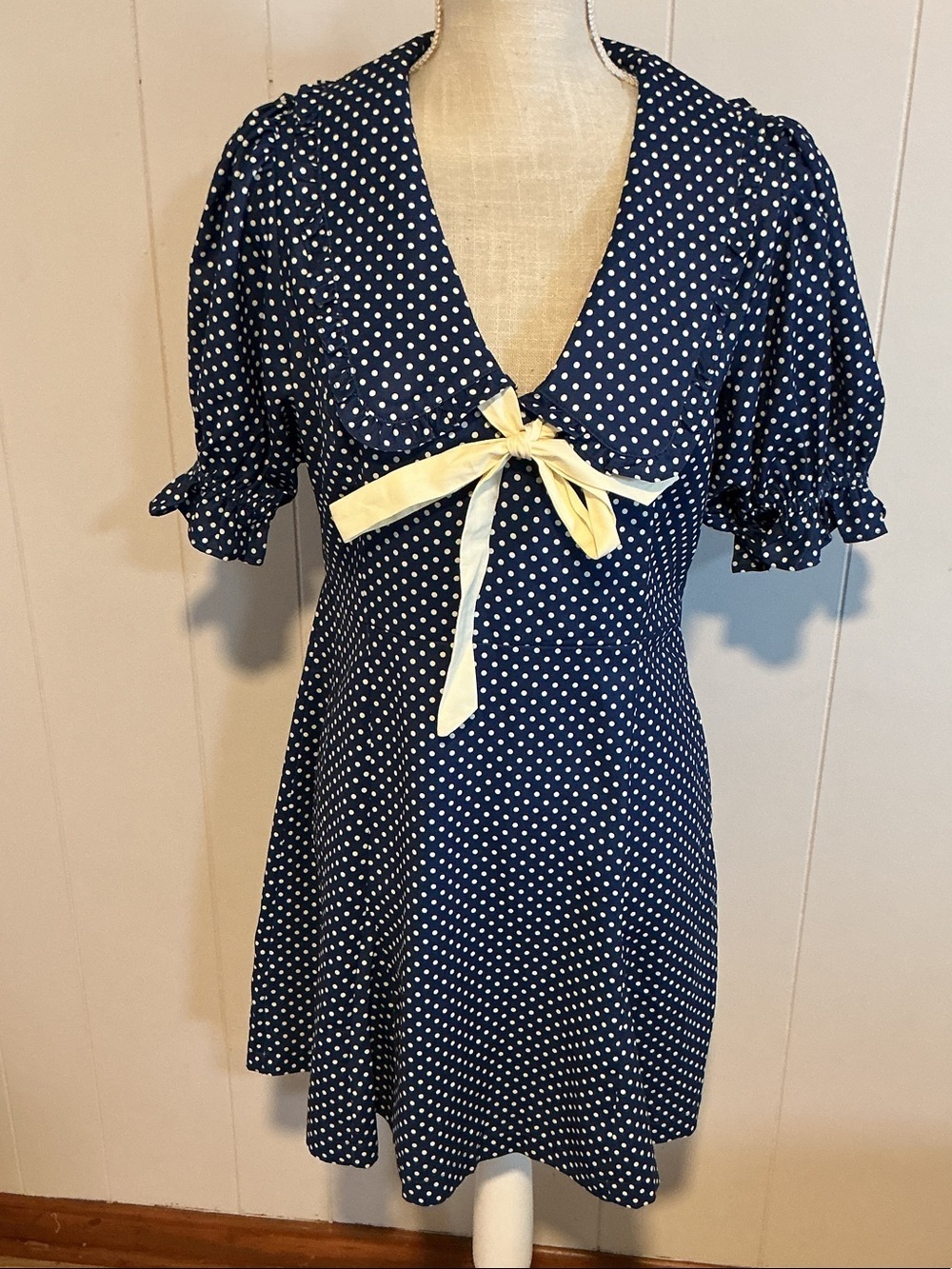 Umgee Navy Polka Dot Mini Dress with Yellow Bow